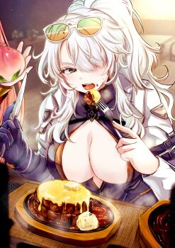 Rule 34 | + +, 1girl, absurdres, belt, breasts, chaos zero nightmare, cleavage, commentary request, eating, eyewear on head, food, gloves, hair intakes, hair over one eye, high ponytail, highres, jacket, jewelry, large breasts, nine (chaos zero nightmare), open clothes, open jacket, partially unzipped, ponytail, shimotsukishin, sitting, sunglasses, waist cape, white hair, zipper