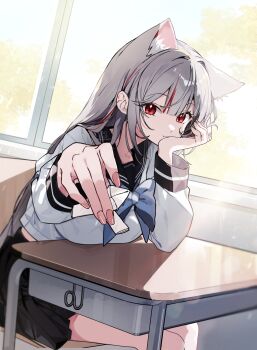 1girl absurdres animal_ear_fluff animal_ears black_sailor_collar black_skirt blue_bow blue_bowtie bow bowtie breasts center-flap_bangs chair closed_mouth commentary_request crossed_bangs dandandanholo desk double-parted_bangs elbow_on_table elbow_rest feet_out_of_frame fingernails grey_hair grey_shirt hair_intakes hand_rest highres holding indoors korean_commentary large_breasts long_hair long_sleeves looking_at_viewer miniskirt neneko_mashiro on_chair outstretched_arm pleated_skirt reaching reaching_towards_viewer red_eyes sailor_collar school_desk school_uniform serafuku shirt sitting skirt smile solo stellive straight_hair very_long_hair virtual_youtuber watermark