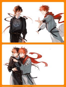 2boys ahoge alternate_costume blue_eyes brown_hair casual costume_request couple donaldakron genshin_impact gradient_hair hair_between_eyes highres hug incoming_hug long_hair male_focus multicolored_hair multiple_boys open_hand pointing pointing_to_the_side ponytail sequential short_hair tartaglia_(genshin_impact) wind yaoi yellow_eyes zhongli_(genshin_impact)