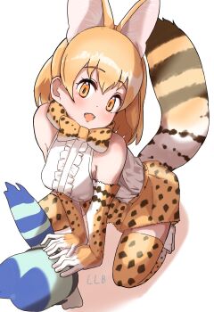 1girl absurdres animal_ears bare_shoulders belt blonde_hair bow bowtie cat_ears cat_girl cat_tail elbow_gloves extra_ears gloves highres kemono_friends llb looking_at_viewer lucky_beast_(kemono_friends) robot serval_(kemono_friends) shirt shoes short_hair simple_background skirt sleeveless sleeveless_shirt tail thighhighs yellow_eyes
