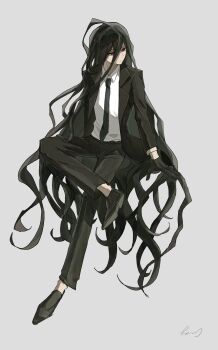 Rule 34 | 1boy, black gloves, black hair, black jacket, black necktie, black shoes, collared shirt, danganronpa (series), danganronpa 2: goodbye despair, gloves, grey background, hair between eyes, highres, invisible chair, jacket, kamukura izuru, long hair, long sleeves, male focus, necktie, red eyes, sake semi, shirt, shoes, simple background, sitting