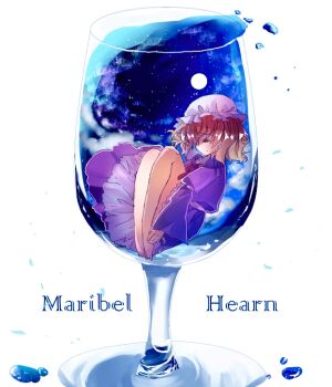 1girl barefoot blonde_hair character_name commentary_request cup dress full_body hat in_container in_cup maribel_hearn mob_cap one-hour_drawing_challenge purple_dress shinjitsu_no_kuchi short_hair solo touhou white_background