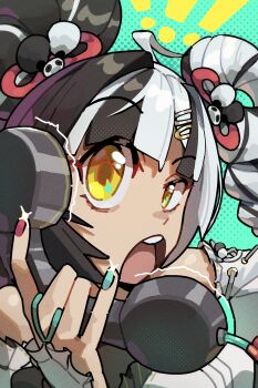 ! !! 1girl absurdres ahoge aqua_nails bare_shoulders black_hair breasts commentary corded_phone detached_sleeves dialyn_(zenless_zone_zero) english_commentary green_background hair_ornament highres holding multicolored_hair multicolored_nails nail_polish open_mouth panda_hair_ornament phone polka_dot polka_dot_background red_nails solo star_(symbol) two-tone_hair white_hair yellow_eyes zaigrandeu zenless_zone_zero