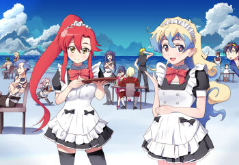 +_+ 00s 6+boys 6+girls adiane apron beach bow chair cloud cross-shaped_pupils darry_adai day dayakka dorianpanda dress frills kamina_(ttgl) kinon_bachika kittan_bachika kiyal_bachika kiyoh_bachika maid maid_apron maid_headdress multicolored_hair multiple_boys multiple_girls nia_teppelin ponytail red_hair rossiu_adai simon_(ttgl) smile symbol-shaped_pupils table tengen_toppa_gurren_lagann thighhighs tray two-tone_hair viral_(ttgl) water yellow_eyes yoko_littner