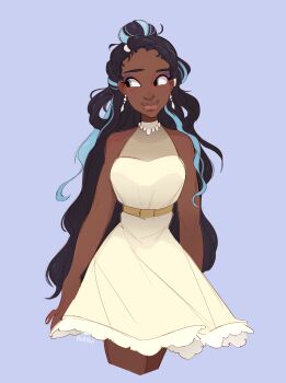 1girl absurdres aqua_eyes aqua_hair artist_name bare_arms bare_shoulders black_hair blue_background breasts cropped_legs dark-skinned_female dark_skin dress earrings hair_rings half_updo highres jewelry long_hair looking_to_the_side medium_breasts multicolored_hair nessa_(pokemon) nintendo pokemon short_dress skirtzzz sleeveless sleeveless_dress solo streaked_hair white_dress