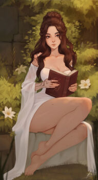 1girl absurdres arm_tattoo bare_shoulders barefoot body_freckles book breasts brown_eyes brown_hair cleavage commentary detached_sleeves dress english_commentary face_piercing flower freckles full_body grass hair_bun hand_tattoo highres holding holding_book large_breasts lips nebula_(neebulaart) nose_piercing nose_ring original piercing shoulder_tattoo signature single_hair_bun solo strapless strapless_dress tattoo thick_thighs thighs wavy_hair