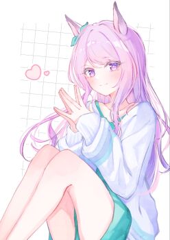 Rule 34 | 1girl, animal ears, aqua bow, aqua dress, bow, closed mouth, commentary request, dress, ear bow, heart, highres, horse ears, horse girl, jacket, joker oowo, long hair, long sleeves, looking at viewer, mejiro mcqueen (umamusume), purple eyes, purple hair, smile, solo, steepled fingers, umamusume, white background, white jacket