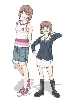 2girls absurdres age_difference animal_print bandaid bandaid_on_knee bandaid_on_leg bear_print black_boots blue_jacket bob_cut boots brown_eyes brown_hair commentary_request denim denim_shorts full_body girls_und_panzer grin hand_on_own_hip highres jacket knee_boots looking_at_viewer multiple_girls nishizumi_maho open_mouth pleated_skirt pointing sailor_collar school_uniform shirt short_hair shorts skirt skrmtl smile striped_clothes striped_shirt tank_top teeth white_background white_skirt white_tank_top