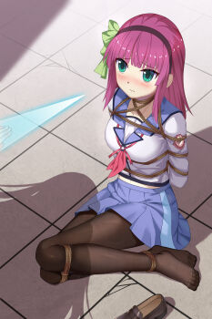 2girls 3: absurdres angel_beats! arm_blade bdsm black_hairband black_pantyhose blue_sailor_collar blue_skirt blunt_bangs blush bondage bound bound_ankles bound_arms bound_legs bound_torso bow breasts chinese_commentary closed_mouth collarbone commentary_request embarrassed eyes_visible_through_hair feet frown full_body furrowed_brow green_bow green_eyes haimei1980 hair_bow hairband hand_sonic highres loafers long_sleeves looking_at_another medium_breasts medium_hair midriff miniskirt multiple_girls nakamura_yuri navel neckerchief no_shoes nose_blush pantyhose partial_commentary pink_neckerchief pleated_skirt purple_hair rope sailor_collar sailor_shirt shadow shibari shinda_sekai_sensen_uniform shirt shoes sidelocks sitting skindentation skirt solo_focus straight_hair tachibana_kanade thighs tile_floor tiles toes unworn_shoes upturned_eyes weapon white_shirt yokozuwari