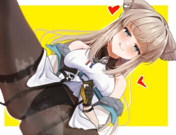 Rule 34 | 1girl, :q, absurdres, arknights, arknights: endfield, bare shoulders, black gloves, black panties, blue eyes, blush, border, brown hair, brown pantyhose, cameltoe, closed mouth, clothes lift, collared dress, commentary, contrast collar, dress, dress lift, english commentary, gloves, heart, highres, lifting own clothes, long hair, looking at viewer, mixed-language commentary, outside border, paid reward available, panties, pantyhose, perlica (arknights), short dress, simple background, sleeveless, sleeveless dress, smile, solo, spread legs, steaming body, tongue, tongue out, underwear, whin, white border, white dress, yellow background, yellow gloves