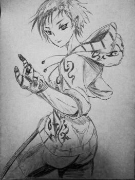 1girl ass black_hair earrings female_focus fighter fighting_stance gradient_background highres hood hoodie jewelry monochrome solo