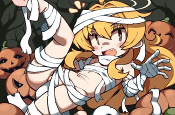 1girl ahoge average-hanzo bandaged_arm bandaged_chest bandaged_head bandaged_leg bandages blonde_hair blue_archive brown_eyes fang flat_chest halo leg_up long_hair looking_at_viewer mummy_costume naked_bandage navel open_mouth pumpkin solo yellow_halo yoshimi_(blue_archive) yoshimi_(halloween)_(blue_archive)