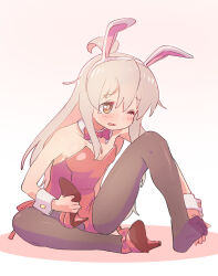 Rule 34 | 1girl, ahoge, animal ear hairband, animal ears, bare arms, bare shoulders, black pantyhose, bow, bowtie, breasts, brown eyes, collarbone, commentary, detached collar, fake animal ears, footwear bow, full body, grey hair, hairband, high heels, highres, holding, holding shoes, kyarahiba, leotard, light blush, long hair, one eye closed, onii-chan wa oshimai!, oyama mahiro, pantyhose, pink background, playboy bunny, rabbit ears, red bow, red bowtie, red footwear, red leotard, shoes, simple background, single shoe, sitting, small breasts, solo, strapless, strapless leotard, tearing up, white hairband, wince, wrist cuffs