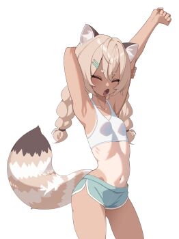 1girl absurdres alternate_costume animal_ear_fluff arm_behind_head armpit_focus armpits arms_up bamboo_hair_ornament blue_shorts braid breasts brown_hair clenched_hand closed_eyes commentary dark_skin dolphin_shorts english_commentary fang hair_ornament hairclip hakimen highres komachi_panko long_hair low_twin_braids navel one-piece_tan open_mouth parallel_hairclips phase_connect red_panda_ears red_panda_girl red_panda_tail ribs short_eyebrows shorts skin_fang small_breasts solo stretching tan tank_top tanline thick_eyebrows twin_braids virtual_youtuber white_tank_top yawning
