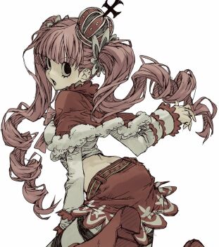 Rule 34 | 1girl, aseupilin666, black eyes, blunt bangs, capelet, crown, frilled sleeves, frills, fur-trimmed capelet, fur trim, highres, long hair, long sleeves, looking at viewer, one piece, open mouth, perona, pink hair, red capelet, red crown, red skirt, shirt, skirt, solo, striped clothes, striped thighhighs, thighhighs, twintails, white background, white shirt