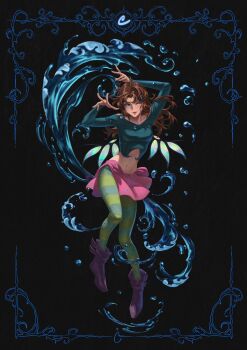 1girl ;) artnikita black_background blue_eyes brown_hair commentary fairy_wings full_body highres irma_lair long_hair midriff navel one_eye_closed purple_skirt skirt smile solo w.i.t.c.h. water wings