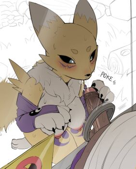 1boy 1girl alternate_breast_size_(larger) animal_ears animal_hands animal_nose black_sclera blue_eyes body_fur breast_press breasts claws colored_sclera digimon digimon_(creature) drooling facial_mark foreskin fox_ears fox_girl fox_tail furry furry_female glory_hole highres huge_breasts imminent_fellatio looking_at_penis neck_fur nipples penis purple_sleeves renamon saliva shota sign snout tail testicles tongue tongue_out two-tone_fur veins veiny_penis white_fur yellow_fur zhou135627
