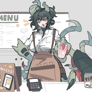 Rule 34 | 1girl, animal hands, antennae, apron, arthropod girl, arthropod limbs, barista, breasts, brown apron, centipede girl, claws, commentary, cup, disposable cup, drink, english commentary, glasses, green eyes, green hair, hand on own hip, highres, holding, holding drink, indoors, jellychuz, large breasts, looking at viewer, mandibles, medium hair, monster girl, one eye closed, original, ponytail, shirt, solo, upper body, white shirt