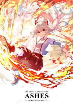 1girl absurdres bamboo boots bow character_name closed_mouth collared_shirt commentary_request english_text fire fujiwara_no_mokou grey_hair hair_bow highres ibushi_roun long_hair long_sleeves looking_at_viewer ofuda ofuda_on_clothes pants pyrokinesis red_boots red_eyes red_pants shirt solo suspenders touhou very_long_hair white_bow white_shirt