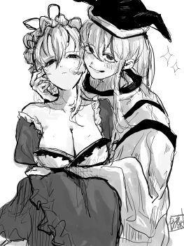 2girls absurdres bra breasts cheek-to-cheek cleavage closed_mouth collarbone commentary_request detached_sleeves dress expressionless frills hair_between_eyes hand_in_another&#039;s_hair hat heads_together highres large_breasts long_hair long_sidelocks looking_at_viewer matara_okina mob_cap monochrome multiple_girls pulling_another&#039;s_clothes sidelocks single_bare_shoulder sketch smile sokura_(mochichitose) tabard touhou underwear undressing_another white_background yakumo_yukari yuri