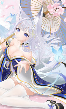 1girl absurdres animal_ear_fluff animal_ears azur_lane bare_shoulders black_shoes blue_butterfly blue_eyes blue_kimono blue_umbrella breasts bug butterfly cleavage collarbone commentary detached_collar flower fox_ears fox_girl gold_trim grey_hair highres holding holding_umbrella insect japanese_clothes kimono large_breasts long_hair long_sleeves miniskirt oil-paper_umbrella petals pink_flower pink_petals pleated_skirt shinano_(azur_lane) shoes skirt solo thighhighs tsuri_pi umbrella very_long_hair white_skirt white_thighhighs wide_sleeves zettai_ryouiki