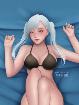 absurdres asian bikini_top black_clover breasts highres lazybunbun medium_breasts noelle_silva petite purple_eyes twintails white_hair