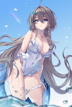 Rule 34 | 1girl, aki663, black hair, blue sky, choker, collarbone, covered navel, frilled one-piece swimsuit, frills, from below, gradient eyes, highres, leaning forward, long hair, looking at viewer, looking down, multicolored eyes, one-piece swimsuit, original, outdoors, parted lips, purple eyes, purple hair, sky, solo, standing, swimsuit, thigh strap, very long hair, wading, water, white choker, white one-piece swimsuit