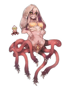 1girl black_sclera breasts censored colored_sclera female_ejaculation full_body grin hair_between_eyes highres ichor_sticker lactation long_hair medium_breasts monster_girl navel nipples nyong_nyong personification pink_hair pointless_censoring pussy reference_inset see-through_clothes simple_background smile solo teeth tentacles terraria third-party_edit uncensored vagina_dentata white_background yellow_eyes