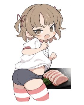 1girl angry ass blue_shorts blush_stickers brown_eyes brown_hair clenched_hands cropped_legs dot_nose food from_side hair_ribbon hands_up highres ketsu_juuji_killer_(kejuki) marui_mitsuba meat midriff_peek mitsudomoe_(manga) open_mouth photo_inset pink_thighhighs plump red_ribbon ribbon shirt short_hair short_shorts short_sleeves shorts simple_background slit_pupils solo standing striped_clothes striped_thighhighs teeth thighhighs tight_clothes tsurime two_side_up upper_teeth_only v-shaped_eyebrows white_background white_shirt