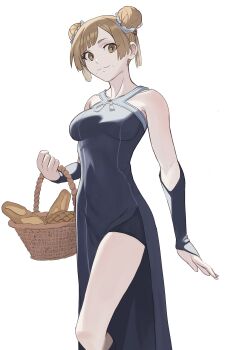 1girl absurdres baguette blonde_hair bread bread_bag breasts commentary double_bun dress english_commentary facing_to_the_side food gloves hair_bun highres holding laufen_(sousou_no_frieren) looking_at_viewer milkmountain nose partially_fingerless_gloves picnic_basket solo sousou_no_frieren standing upper_body white_background
