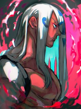 Rule 34 | 1boy, absurdres, aqua eyes, bare pectorals, closed mouth, collarbone, commentary request, cropped torso, dark-skinned male, dark skin, guilty gear, highres, long hair, male focus, parted bangs, pectorals, profile, shirt, solo, venom (guilty gear), white shirt, yohane shimizu