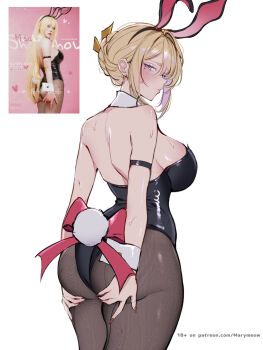 Rule 34 | 1girl, animal ears, arm strap, ass, bare shoulders, black leotard, black pantyhose, blonde hair, blush, breasts, closed mouth, evelyn chevalier, fake animal ears, fake tail, from behind, hands on own ass, highres, large breasts, leotard, looking at viewer, looking back, maria (marymeow), paid reward available, pantyhose, photo-referenced, playboy bunny, purple eyes, rabbit ears, rabbit tail, simple background, tail, thighs, white background, zenless zone zero