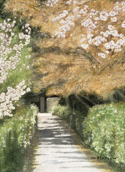 bush commentary_request day flower highres kyoto no_humans original outdoors painting_(medium) path road scenery shadow traditional_media tree watanabe_masato watercolor_(medium) white_flower