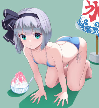1girl :o all_fours arm_support ass banner bare_arms bare_legs bare_shoulders barefoot bent_over bikini black_bow black_hairband black_ribbon blue_bikini blush bow bowl breasts check_commentary collarbone commentary_request cup disposable_cup disposable_ice_cream_cup duplicate fingernails flat_chest food full_body green_background green_eyes grey_hair hairband highres hitodama ice_cream ice_cream_spoon kisaragi_koushi kneeling konpaku_youmu kooribata looking_at_viewer multicolored_bikini open_mouth pixel-perfect_duplicate ribbon shadow shaved_ice short_hair side-tie_bikini_bottom simple_background solo spine spoon swimsuit teeth thighs toes touhou two-tone_bikini