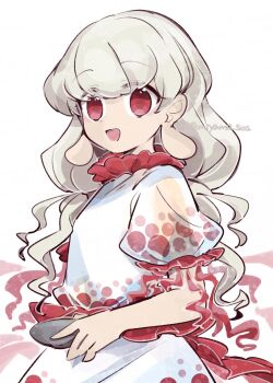 Rule 34 | 1girl, :d, blunt bangs, commentary, ebisu eika, frills, grey hair, highres, holding, holding rock, long earlobes, long hair, looking at viewer, open mouth, red eyes, rock, shirt, short sleeves, skirt, smile, solo, tama (hiroshige 36), touhou, twitter username, white shirt, white skirt