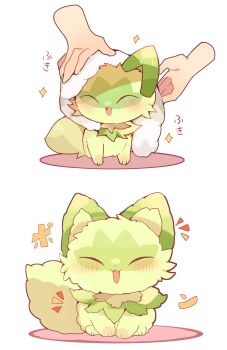 1other blush cat closed_eyes drying fluffy green_fur highres holding holding_towel nintendo open_mouth pokemon pokemon_(creature) pokemon_focus smile sprigatito tail towel yupo_0322