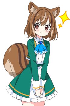 1girl animal_ear_fluff animal_ears ascot blue_ascot blush brown_eyes brown_hair closed_mouth collared_dress commentary_request cowboy_shot dot_nose dress frilled_dress frills green_dress highres kotatsu-mazoku long_sleeves looking_at_viewer original short_hair simple_background smile solo sparkle squirrel_ears squirrel_girl squirrel_tail tail white_background