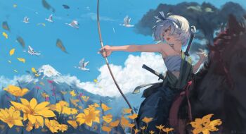 1girl absurdres alternate_costume bird black_horse blue_eyes blue_hairband blue_sky bow_(weapon) breasts chest_sarashi cloud commentary_request day flower flower_request green_kimono grey_hair hairband highres holding holding_bow_(weapon) holding_weapon horseback_riding japanese_clothes katana kimono konpaku_youmu mount_fuji mountain open_mouth outdoors riding sarashi sashimi_oniku sheath sheathed sky small_breasts solo sword sword_on_back touhou weapon weapon_on_back white_bird yellow_flower