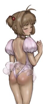 1girl absurdres ahoge ass back ballerina ballet_dress brown_hair cardcaptor_sakura choker closed_eyes female_focus highleg highleg_leotard highres kinomoto_sakura leotard loli medium_hair nizumihd pink_leotard short_twintails skirt solo tutu twintails white_background