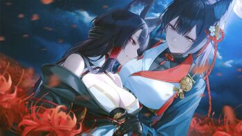 2girls akagi_(azur_lane) akagi_(meta)_(azur_lane) amagi_(azur_lane) amagi_(cv)_(azur_lane) animal_ears arms_behind_head azur_lane breasts clear_sky collared_shirt detached_sleeves flower fox_ears fox_girl game_cg hair_ornament highres large_breasts light_smile moon multiple_girls night night_sky non-web_source official_art petals red_flower sakura_empire_(emblem) shirt sky spider_lily
