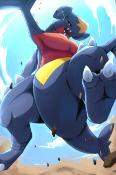 black_sclera claws cloud colored_sclera commentary_request day eye_trail from_below garchomp gen_4_pokemon highres light_trail looking_at_viewer looking_down nintendo no_humans open_mouth outdoors pokemon pokemon_(creature) pokemon_focus rock rumine_(yoshi1234567) sharp_teeth sky solo teeth tongue yellow_eyes