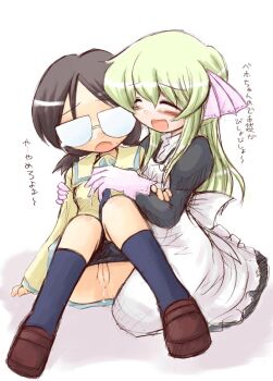 00s 2girls anus behoimi black_hair blush chibi cleft_of_venus dress closed_eyes glasses gloves green_hair hair_ornament ikkyuu long_hair maid media_(pani_poni) multiple_girls open_mouth pani_poni_dash! panties panty_pull pussy pussy_juice school_uniform serafuku shoes short_hair sitting skirt smile socks uncensored underwear wet yuri