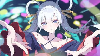 1girl absurdres bare_shoulders blue_eyes blurry blurry_background chou_kaguya-hime! closed_mouth commentary_request hair_ornament hair_rings hair_stick hands_up highres japanese_clothes long_hair long_sleeves looking_at_viewer reaching reaching_towards_viewer runami_yachiyo shibuki_pp smile solo sparkle twintails upper_body white_hair