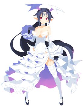 1girl bare_shoulders black_hair breasts choker cleavage collarbone detached_sleeves disgaea disgaea_6 dress earrings head_wings heart heart_earrings jewelry large_breasts long_hair makai_senki_disgaea_6 melodia_(disgaea) pointy_ears red_eyes smile solo white_dress white_neckwear white_sleeves wings