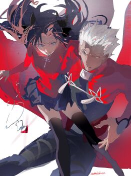 Rule 34 | 1boy, 1girl, abs, archer (fate), black pants, black shirt, black skirt, black thighhighs, blue eyes, brown eyes, brown hair, coat, dark-skinned male, dark skin, fate/stay night, fate (series), gem, hair ornament, hair slicked back, highres, jewelry, legs, long coat, long hair, long sleeves, looking to the side, mature male, miniskirt, necklace, pants, pendant, pleated skirt, red coat, red gemstone, red sweater, shirt, signature, skirt, spiked hair, sweater, thighhighs, thighs, tohsaka rin, ubwmitekure, white background, white hair, zettai ryouiki