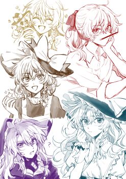 1girl absurdres alternate_costume blush bow braid character_doll chinese_commentary closed_eyes closed_mouth collared_shirt commentary_request curiosities_of_lotus_asia doll embodiment_of_scarlet_devil forbidden_scrollery gloves hair_bow hat hat_bow highres hitte5416 jacket kirisame_marisa long_hair multiple_views official_alternate_costume open_mouth shirt side_braid single_braid smile star_(symbol) sweatdrop touhou witch_hat wrist_cuffs