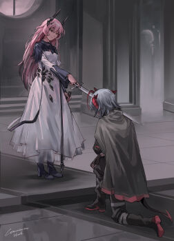 2girls absurdres arknights black_boots boots cape commentary dated demon_girl demon_horns demon_tail dress english_commentary fingerless_gloves full_body gloves grey_hair high_heel_boots high_heels highres holding holding_sword holding_weapon horns indoors kneeling knighting long_hair long_sleeves looking_at_another multiple_girls nguyen_huy on_one_knee pants pink_hair short_hair signature stairs standing sword tail theresa_(arknights) w_(arknights) weapon white_dress