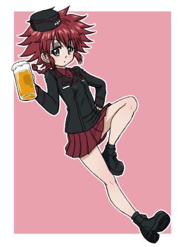Rule 34 | 1girl, alcohol, alternate costume, beer, beer mug, blue eyes, blush, breasts, cranberry (girls und panzer), eyeshadow, girls und panzer, hand on own hip, kuromorimine military uniform, looking at viewer, makeup, messy hair, military uniform, miniskirt, mug, open mouth, pink background, pleated skirt, red hair, red skirt, short hair, simple background, skirt, small breasts, solo, takahashi kurage
