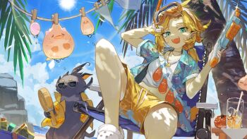 1girl aqua_eyes bandolier beach beach_chair belt bird blonde_hair clothes_pin clothesline crocs cropped_shirt diving_mask doki_amber_doge_(dokibird) dokibird dokibird_(summer) dragoon_(dokibird) drink earrings egg fang feather_hair glass goggles harufude hawaiian_shirt highres holding holding_water_gun indie_virtual_youtuber jewelry male_swimwear midriff necklace ocean official_art official_wallpaper open_clothes open_shirt pointy_ears ponytail rock shirt shoes sitting sky sleeves_rolled_up snorkel solo sun swim_trunks teeth tomato virtual_youtuber water_balloon water_gun white_shirt white_shoes yellow_swim_trunks