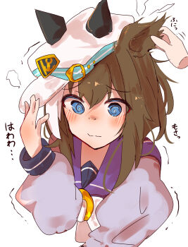 Rule 34 | 1girl, @ @, absurdres, anchor symbol, animal ear fluff, animal ears, blue eyes, blush, bob cut, bow, bowtie, brown hair, cheval grand (umamusume), closed mouth, commentary request, ears through headwear, embarrassed, furrowed brow, hand on another's ear, hand on headwear, hand up, hat, highres, horse ears, horse girl, inverted bob, izi dw, long sleeves, medium hair, peaked cap, purple sailor collar, purple shirt, sailor collar, shirt, simple background, solo, umamusume, white background, white bow, white bowtie, white hair, white hat
